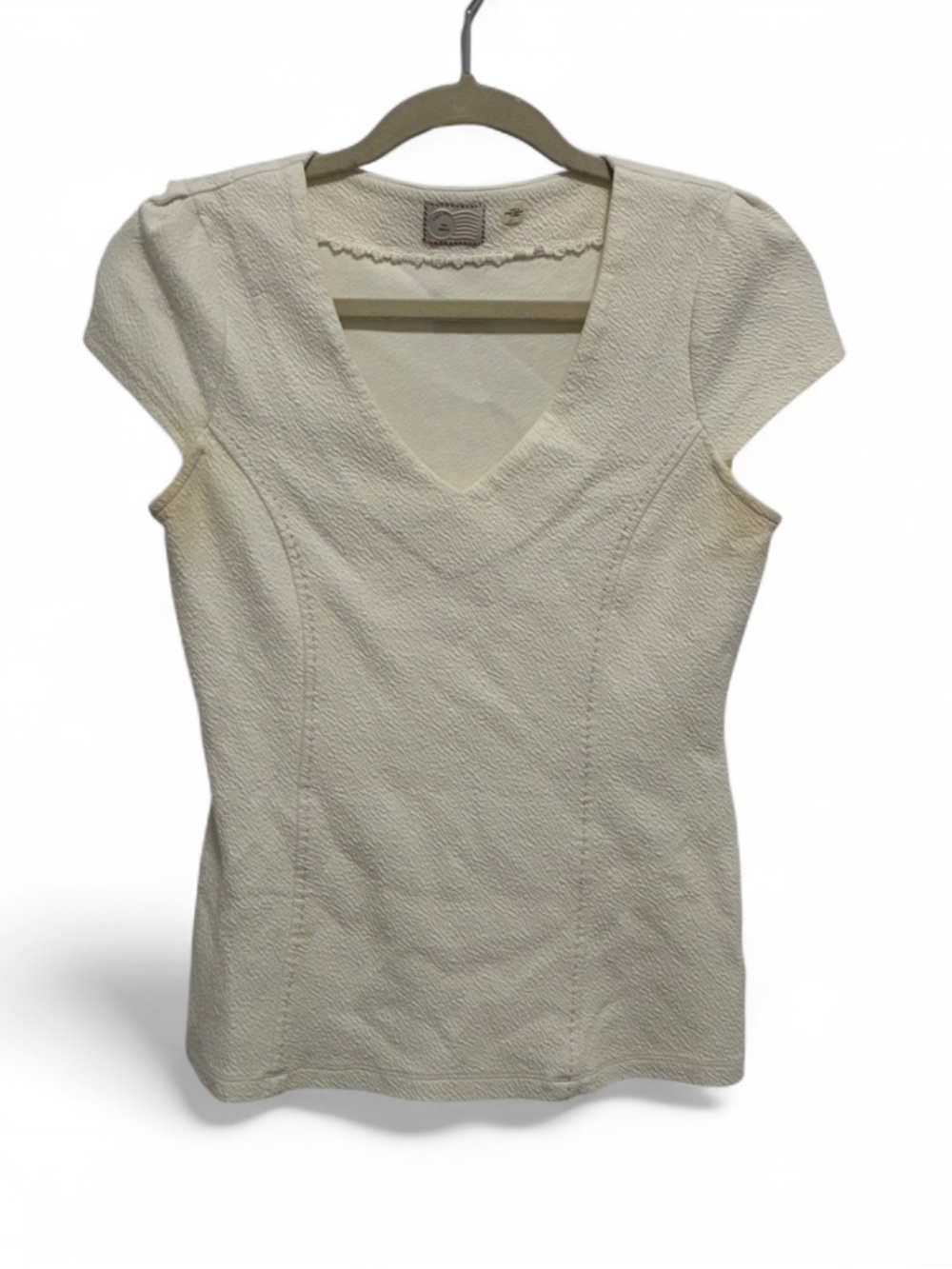Postmark Anthropologie Cream V-Neck Short Sleeve Textured Top